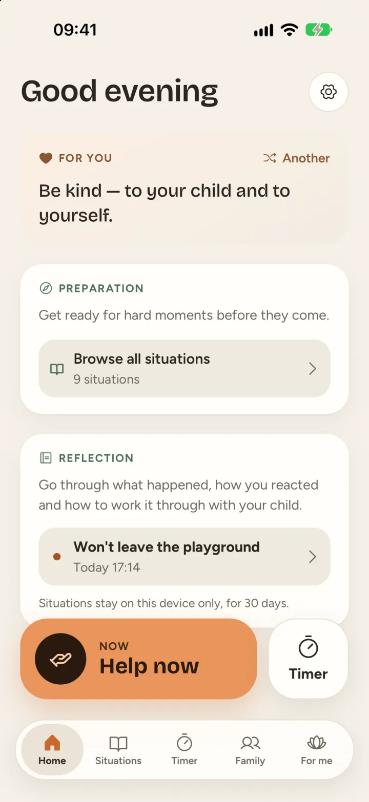 The home screen with preparation, reflection and the Help now button